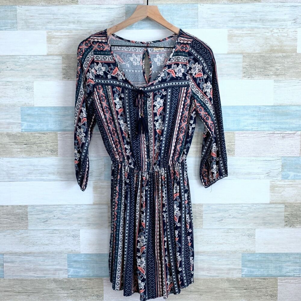 Hollister Peasant Shirt Dress Blue Pink Floral Cinch Waist Keyhole Womens Small
